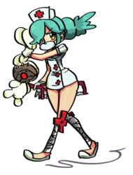  alternate_hairstyle annie_(skullgirls) aqua_hair bad_link blush cosplay cross dress eyepatch female flat_chest gats_(nougats) gloves hacksaw hat mask mouth_mask nurse nurse_cap painwheel_(skullgirls) painwheel_(skullgirls)_(cosplay) red_cross reverse_grip sagan_(skullgirls) saw short_dress skullgirls solo stuffed_animal stuffed_rabbit stuffed_toy surgical_mask valentine_(skullgirls) valentine_(skullgirls)_(cosplay) white_gloves yellow_eyes 