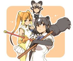  3girls :c african_wild_dog_(kemono_friends) african_wild_dog_print animal_ears animal_print armpit_peek bare_shoulders bear_ears bear_girl black_gloves black_hair black_ribbon blonde_hair blue_ribbon blush bo_staff border bracelet brown_bear_(kemono_friends) brown_eyes brown_hair circlet closed_mouth collared_shirt commentary_request cowboy_shot denim denim_shorts dog_ears dot_nose expressionless extra_ears eyebrows eyelashes fingerless_gloves from_side gloves golden_snub-nosed_monkey_(kemono_friends) gradient_hair hair_ornament hand_on_own_hip high_ponytail holding holding_staff holding_weapon jewelry jpeg_artifacts kemono_friends layered_sleeves leotard long_hair long_sleeves looking_at_viewer miyuu monkey_ears multicolored_clothes multicolored_gloves multicolored_hair multiple_girls neck_ribbon orange_gloves orange_hair outline outside_border paw_stick pink_background pleated_skirt ponytail ribbon rounded_corners shirt short_hair short_over_long_sleeves short_shorts short_sleeves shorts simple_background skirt sleeveless smile staff tareme tsurime two-tone_hair upper_body weapon white_border white_hair white_outline white_shirt white_skirt wing_collar yellow_gloves yellow_leotard 