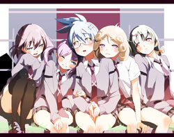  5girls arm_hug bad_id bad_pixiv_id black_legwear blonde_hair blue_eyes blue_hair blush brown_hair cardigan dress_shirt ezaki_hitomi glasses green_eyes green_hair hair_ornament hair_ribbon hairclip hanada_kirame loafers long_hair long_sleeves looking_at_viewer miniskirt multiple_girls necktie one_eye_closed open_mouth photoshop_(medium) plaid plaid_skirt pleated_skirt purple_eyes purple_hair red_eyes ribbon saki_(manga) saki_achiga-hen school_uniform shindouji_school_uniform shirouzu_mairu shirt shoes short_hair short_twintails side-by-side sitting skirt smile thighhighs tsuruta_himeko twintails white_shirt yaku_yojino yasukouchi_yoshiko yellow_eyes 