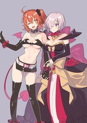  2girls ;d ahoge anklet bad_id bad_twitter_id bandeau black_gloves black_scrunchie black_thighhighs bow bracelet breasts brooch choker cosplay demon_tail demon_wings detached_collar detached_sleeves disgaea dress earrings elbow_gloves etna_(disgaea) etna_(disgaea)_(cosplay) fate/grand_order fate_(series) fujimaru_ritsuka_(female) gloves hair_ornament hair_over_one_eye hair_scrunchie heart holding_hands interlocked_fingers jewelry large_breasts makai_senki_disgaea makai_senki_disgaea_2 mash_kyrielight midriff miniskirt multiple_girls navel one_eye_closed one_side_up open_mouth orange_hair purple_eyes purple_hair ring rozalin rozalin_(cosplay) scrunchie short_hair side_ponytail skirt smile strapless tail thighhighs tube_top underboob wings yayata_(884) yellow_eyes 