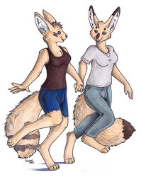  2012 anthro black_nose bottomwear breasts canid canine chakona_space clothed clothing cutoffs denim denim_bottomwear denim_clothing dipstick_tail duo faleshkarti female fennec_fox fox foxene full-length_portrait fully_clothed fur hand_holding herm_(lore) loander looking_back mammal markings multicolored_tail open_mouth portrait presaith shirt shorts simple_background tail tail_markings tan_body tan_fur tank_top topwear traditional_media_(artwork) true_fox white_background 