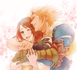  1boy applemac blonde_hair brown_hair closed_eyes commentary_request couple female final_fantasy final_fantasy_x gloves green_eyes hug hug_from_behind one_eye_closed photoshop_(medium) short_hair smile straight tidus yuna_(ff10) 