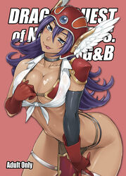  :p armor bang-you bikini_armor blue_eyes breast_tattoo breasts choker cleavage collarbone commentary_request cover cover_page cowboy_shot detached_sleeves doujin_cover dragon_quest dragon_quest_iii female forehead_jewel front-tie_top gloves head_tilt helmet highres large_breasts leaning_forward lips loincloth long_hair looking_at_viewer mole mole_under_eye pelvic_curtain photoshop_(medium) purple_hair red_armor red_gloves shoulder_pads soldier_(dq3) solo tan tattoo thigh_strap tongue tongue_out underboob winged_helmet 