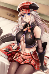  alisa_ilinichina_amiella bare_shoulders black_footwear black_pantyhose blonde_hair blue_eyes blush book boots breasts closed_mouth commentary_request elbow_gloves female fingerless_gloves gloves god_eater god_eater_resurrection grey_hair hair_between_eyes hat highres indoors large_breasts legs_together long_hair looking_at_viewer navel pantyhose photoshop_(medium) red_skirt sitting skirt smile solo suspender_skirt suspenders tareme thigh_boots thighhighs underboob unworn_boots watanuki_kaname 