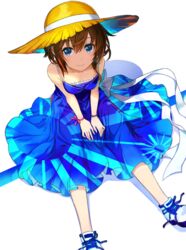  amagai_tarou blue_dress blue_eyes bow breasts brown_hair closed_mouth collarbone commentary_request diverse_system dress female flag_dress flag_print from_above hair_between_eyes hat hat_ribbon highres house_girl_(diverse_system) japanese_flag looking_at_viewer looking_up medium_breasts original ribbon shoes short_hair simple_background sitting sleeveless sleeveless_dress smile sneakers solo sun_hat unmoving_pattern white_background white_bow white_footwear white_ribbon yellow_hat 