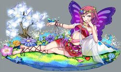  ankle_lace-up bad_id bad_pixiv_id barefoot bug butterfly butterfly_wings cross-laced_footwear fairy female flower grass grey_background hand_on_own_face head_wreath headdress heart insect_wings kalian lace lace_legwear love_live! love_live!_school_idol_festival love_live!_school_idol_project lying nishikino_maki outstretched_arm pointy_ears purple_eyes purple_wings red_hair short_hair skirt smile solo tree wings wristwear 