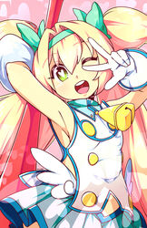  arm_up armpits artist_name bell blazblue blonde_hair commentary commission english_commentary frills green_eyes hair_ribbon hairband heart heart-shaped_pupils heart_in_mouth highres long_hair looking_at_viewer lyn_(shunao) miniskirt one_eye_closed pink_background platinum_the_trinity polearm ribbon skirt solo symbol-shaped_pupils twintails very_long_hair weapon 