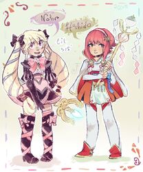  2girls armor blonde_hair boots cameliacake cape dress elise_(fire_emblem_if) english fire_emblem fire_emblem_if gloves hair_ornament hair_ribbon hairband long_hair multiple_girls pink_hair purple_eyes red_eyes ribbon sakura_(fire_emblem_if) short_hair twintails 