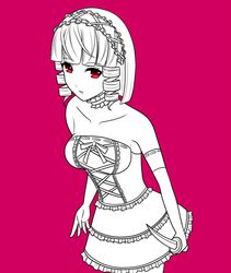  aibi12634761 bad_id bad_pixiv_id bare_shoulders cowboy_shot dress drill_hair female gokukoku_no_brynhildr knife line_art maid_headdress monochrome pink_background pink_theme red_eyes simple_background solo spot_color strapless strapless_dress tachibana_kana twin_drills 