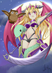  2014 artist_name benchen06 bird blonde_hair breasts commentary_request demon_girl demon_wings female gloves horns lilith_(p&amp;d) long_hair medium_breasts moon oerba_yun_fang owl pointy_ears purple_eyes puzzle_&amp;_dragons scythe snake solo wings 