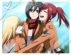  3girls black_hair blonde_hair christa_renz closed_eyes female friends happy hug long_hair looking_at_another looking_at_viewer mikasa_ackerman multiple_girls open_mouth ponytail red_hair red_scarf round_teeth sasha_braus scarf shingeki_no_kyojin smile teeth uniform upper_body 