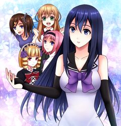  5girls aibi12634761 bad_id bad_pixiv_id blonde_hair blue_eyes blue_hair bow breasts bridal_gauntlets brown_hair drill_hair gokukoku_no_brynhildr green_eyes hair_ornament hairband hairclip kazumi_schlierenzauer kuroha_neko large_breasts long_hair maid_headdress multiple_girls pink_hair purple_bow purple_eyes red_bow red_eyes side_ponytail smile tachibana_kana takatori_kotori twin_drills wakabayashi_hatsuna 