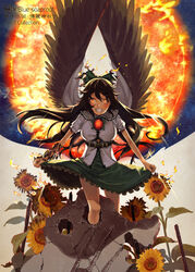  belt bird_wings black_hair breasts burning cape commentary_request concrete crazy crazy_eyes female fire flower glowing glowing_eyes green_skirt grin hair_bun large_breasts long_hair looking_at_viewer puffy_short_sleeves puffy_sleeves radiation_symbol red_eyes reiuji_utsuho shirt short_sleeves single_hair_bun skirt smile solar_flare solo space sun sunflower symbol-shaped_pupils third_eye touhou usui_ryuu very_long_hair wings 