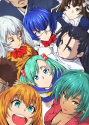  2boys 6+girls aqua_eyes aqua_hair blonde_hair blue_hair breasts brown_hair chouun_shiryuu cleavage commentary_request earrings eyepatch green_eyes haiboku highres ikkitousen jewelry kakouen_myousai large_breasts long_hair looking_at_viewer mole mole_under_mouth multiple_boys multiple_girls red_eyes ryofu_housen ryomou_shimei school_uniform serafuku shokatsuryou_koumei short_hair skirt ten&#039;i_(ikkitousen) twintails white_hair zhuge_liang 