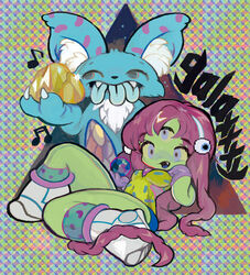  absurdres ankle_boots boots breasts colored_skin commentary_request extra_eyes eyeball female galaxxxy gem gold green_skin hairband highres kishibe_(hone_no_umi) leg_warmers leotard long_hair monster monster_girl multiple_tongues oerba_yun_fang original pink_hair small_breasts third_eye 