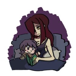  2girls bad_link bed blush_stickers book breasts cleavage gats_(nougats) hair_over_one_eye hug large_breasts long_hair multiple_girls nightgown parasoul_(skullgirls) pillow pink_hair reading red_eyes red_hair short_hair siblings sidelocks sisters skullgirls smile umbrella_(skullgirls) yellow_eyes 