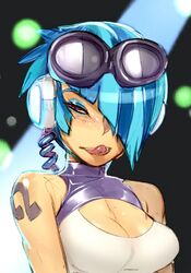  bare_shoulders blue_hair blush breasts cable cleavage cleavage_cutout clothing_cutout commentary doxy english_commentary eyelashes eyeshadow eyewear_on_head female hair_over_one_eye halterneck headphones makeup medium_breasts musical_note_tattoo my_little_pony my_little_pony:_friendship_is_magic personification piercing short_hair shoulder_tattoo solo sunglasses tattoo tongue tongue_piercing unfinished upper_body vinyl_scratch 