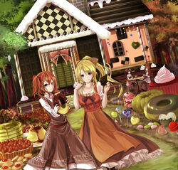  4girls :t ayase_eli bad_id bad_pixiv_id belt black_hair black_pantyhose blonde_hair blue_eyes bodice bow candy candy_cane chair checkerboard_cookie checkered chimney chocolate chocolate_bar collarbone commentary_request cookie cup cupcake doughnut dress dutch_angle eating flower food food_on_face frilled_dress frills fruit gable_roof garden gingerbread_house grass grimm&#039;s_fairy_tales hair_between_eyes hairbow hansel_and_gretel heart highres holding holding_food house icing jelly_bean kosaka_honoka lollipop long_sleeves looking_at_viewer love_live! love_live!_school_idol_project macaron minami_kotori_(bird) multiple_girls nishikino_maki one_side_up orange_hair orein oreo outdoors oversized_object pancake pantyhose pink_flower pink_rose pointing pointing_at_self ponytail porch pudding purple_eyes red_flower red_hair red_rose rose short_sleeves sitting skirt smile sprinkles standing strawberry sweets swept_bangs table tablecloth tart_(food) teapot tree twintails yazawa_nico yellow_flower yellow_rose 