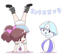  black_eyes blush brown_hair female handstand high_ponytail kodama_fumika koenra long_hair nollety open_mouth panties pantyshot pendant_watch simple_background skirt skirt_flip striped_clothes striped_panties underwear watch white_background youkai_(youkai_watch) youkai_watch youkai_watch_(object) 