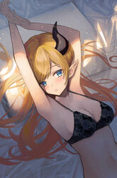  alternate_costume arms_up bed_sheet black_bra black_horns blonde_hair blue_eyes blush bra breasts cleavage commentary demon_girl demon_horns female highres hololive horns long_hair looking_at_viewer lying medium_breasts on_back on_bed parted_lips pillow pointy_ears solo swept_bangs underwear upper_body virtual_youtuber xyunx yuzuki_choco 