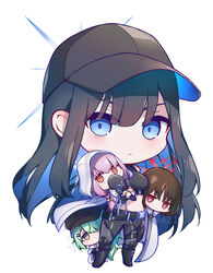  4girls arius_squad_(blue_archive) atsuko_(blue_archive) baseball_cap black_hair black_headwear black_pants black_shirt blue_archive blue_eyes blue_hair breasts carrying carrying_person chibi chibi_only closed_mouth coat colored_inner_hair commentary green_hair hair_over_one_eye halo hat highres hiyori_(blue_archive) hood hood_up hooded_coat long_hair looking_at_viewer medium_breasts midriff misaki_(blue_archive) multicolored_hair multiple_girls pants peeking_out purple_hair red_eyes saori_(blue_archive) shirt simple_background standing uko_magi white_background white_coat 