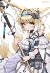  absurdres animal_ears arknights bare_shoulders blush braid braided_hair_rings character_name chromatic_aberration closed_mouth commentary_request female fox_ears fox_girl fox_tail green_eyes hair_rings highres holding holding_staff infection_monitor_(arknights) kitsune kyuubi looking_at_viewer material_growth multiple_tails oripathy_lesion_(arknights) pouch revision simple_background smile solo staff standing suzuran_(arknights) tail twin_braids white_background zhengqi_zhizi_sg 