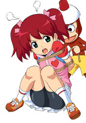  bike_shorts bondage bondage bondage bound brown_hair daikinbakuju female full_body green_eyes hair_ribbon jacket long_hair open_mouth restrained ribbon saru_getchu sayaka_(saru_getchu) short_twintails shorts shorts_under_skirt simple_background skirt twintails white_background white_skirt 