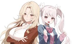  2girls alice_(nikke) alternate_costume blonde_hair blue_cardigan blue_jacket blush bow bowtie breasts button_gap cardigan cleavage closed_mouth crossed_arms forehead goddess_of_victory:_nikke hair_ornament highres jacket kumo_tabetai long_sleeves looking_at_viewer ludmilla_(nikke) multiple_girls nail open_mouth parted_bangs partially_unbuttoned pink_hair pink_shirt red_eyes ribbon school_uniform shirt smile twintails upper_body white_ribbon 