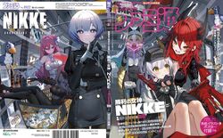  6+girls absurdres bird black_gloves black_pantyhose blonde_hair breasts cover dorothy_(nikke) dress facial_mark famitsu fingerless_gloves forehead_mark gloves goddess_(nikke) goddess_of_victory:_nikke grey_hair habit hair_between_eyes hair_bun headgear highres holding index_finger_raised jacket liliweiss_(nikke) long_hair magazine_cover mouse_(animal) multiple_girls nun official_art pantyhose pink_hair rapunzel_(nikke) red_hair red_hood_(nikke) scarlet_(black_shadow)_(nikke) scarlet_(nikke) shopping_cart short_hair single_side_bun skirt snow_white_(innocent_days)_(nikke) snow_white_(nikke) very_long_hair white_dress white_gloves 