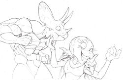  anthro azala ceratopsian chrono_trigger crablice crossover dinosaur disney duo extinct female holding_head male meme monochrome muscular muscular_male nizbel ornithischian prehistoric_species reptile reptite scalie smile square_enix the_emperor&#039;s_new_groove triceratops 