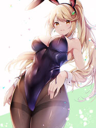  alternate_costume animal_ears bare_shoulders black_leotard black_pantyhose blonde_hair blush breasts cleavage commentary_request covered_navel detached_collar earrings fake_animal_ears female hair_ornament highleg highleg_leotard highres jewelry large_breasts leotard long_hair looking_at_viewer mythra_(xenoblade) pantyhose playboy_bunny ponytail rabbit_ears simple_background solo strapless strapless_leotard ui_frara white_background wrist_cuffs xenoblade_chronicles_(series) xenoblade_chronicles_2 yellow_eyes 