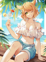  9yuki animal_ears beach blonde_hair blue_sky braid breasts cat_ears cloud cocktail_glass cocktail_umbrella cup denim denim_shorts drinking_glass eyebrows_hidden_by_hair feet_out_of_frame female final_fantasy final_fantasy_xiv foliage food frilled_bikini_top fruit green_eyes hair_between_eyes highres holding holding_cup lemon lemon_slice lens_flare lipstick looking_at_viewer makeup medium_breasts midriff miqo&#039;te navel nixie_(ff14) ocean on_bench one_eye_closed outdoors short_hair shorts sitting sky smile solo sun teeth warrior_of_light_(ff14) 