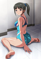  anime_coloring back back_focus barefoot black_hair blue_one-piece_swimsuit feet female monteriakitto one-piece_swimsuit original ponytail soles swimsuit tile_floor tiles toes 