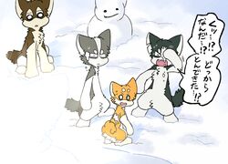  a-chan angry anthro ayaka barely_visible_character black_body black_fur brown_body brown_fur canid canine canis countershading dialogue domestic_dog female_(lore) feral fur fuuga grey_body grey_fur group husky hybrid japanese_text kishu_inu kyappy looking_at_another looking_up male_(lore) mammal mashiro nordic_sled_dog orange_body orange_fur scar semi-anthro shiba_inu shibeta siberian_husky snow snowball snowman spitz text translated white_body white_fur wolfdog 