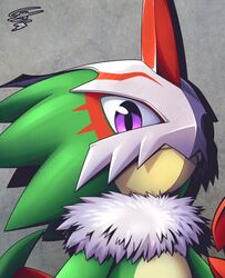  ambiguous_gender anthro bandai_namco beak claws digimon digimon_(species) digimon_liberator esmoru99 fluffy_chest green_body head_turned horn looking_at_viewer mask pteromon purple_eyes simple_background solo 