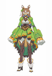  animal_ears ascot black_ascot black_thighhighs breasts brown_hair center_frills commentary_request crossover dress female frilled_dress frills full_body green_dress hair_between_eyes highres horse_ears horse_girl horse_tail long_hair looking_at_viewer mechanization medium_breasts multicolored_hair robot sarcophage satono_diamond_(umamusume) sega simple_background sleeves_past_fingers sleeves_past_wrists solo streaked_hair tail thighhighs umamusume very_long_hair virtual_on white_background white_footwear white_hair 