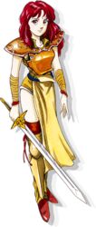  armor artist_request breastplate celica_(fire_emblem) celica_(warrior_princess)_(fire_emblem) female fire_emblem fire_emblem_gaiden full_body holding holding_sword holding_weapon long_hair looking_at_viewer official_art pauldrons red_eyes red_footwear red_hair shadow shoulder_armor simple_background sword transparent_background weapon 