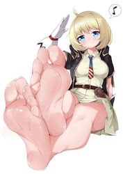  absurdres ahoge american_flag american_flag_print barefoot belt black_jacket blonde_hair blue_eyes blush breasts chashuwu closed_mouth collared_shirt commentary feet female flag_print foot_focus full_body girls&#039;_frontline gloves highres holster jacket large_breasts legs looking_at_viewer m1911_(girls&#039;_frontline) musical_note necktie pleated_skirt print_necktie salute shirt short_hair short_sleeves simple_background sitting skirt smell smile soles solo spoken_musical_note steaming_body sweat toenails toes variant_set white_background white_gloves white_shirt white_skirt 