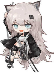  :d animal_ears arknights arm_up bandeau black_footwear black_jacket black_shorts blue_eyes boots chibi chibi_only female grey_hair holding holding_sword holding_weapon jacket lappland_(arknights) long_hair long_sleeves looking_at_viewer lowres material_growth open_clothes open_jacket open_mouth oripathy_lesion_(arknights) runamonet scar scar_across_eye shorts smile solo sword tail very_long_hair weapon white_bandeau wolf_ears wolf_girl wolf_tail 