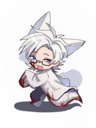  1boy :3 absurdres animal_ears ashao35846 blood blood_on_clothes blood_on_face blood_on_tail blue_eyes blush_stickers chinese_commentary commentary_request fox_boy fox_ears fox_tail full_body glasses highres kanou_aogu kemonomimi_mode lab_coat long_sleeves male_focus open_mouth rectangular_eyewear running saibou_shinkyoku semi-rimless_eyewear short_hair simple_background single_blush_sticker sleeves_past_fingers sleeves_past_wrists solo tail white_background white_hair 