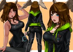  absurdres ass bad_id bad_pixiv_id bare_arms bare_shoulders black_bodysuit black_choker blue_eyes blue_pupils bodysuit breast_tattoo breasts brown_hair choker cleavage closed_eyes eunie_(xenoblade) female glowing_lines green_hoodie head_wings highres hood hoodie jacket large_breasts leather leather_jacket lower_teeth_only medium_hair multiple_views oniisan02b sleeveless swept_bangs tattoo teeth upper_teeth_only white_wings wings xenoblade_chronicles_(series) xenoblade_chronicles_3 