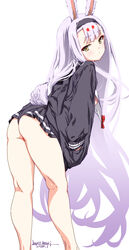  animal_ears ass azur_lane bikini bikini_bottom_only black_jacket black_skirt breasts brown_eyes expressionless female from_behind hairband hands_in_pockets highres jacket kneepits leaning_forward legs long_hair looking_at_viewer looking_back miniskirt pleated_skirt rabbit_ears rabbit_girl rabbit_tail shimakaze_(azur_lane) sideboob skirt small_breasts solo standing swimsuit swimsuit_over_clothes tail thighs thong umyonge_(lkakeu) very_long_hair white_hair 