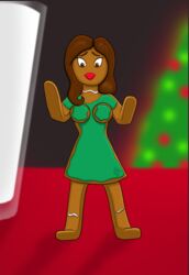  2019 after_transformation animate_inanimate brown_eyes brown_hair christmas christmas_tree clothing cookie digital_drawing_(artwork) digital_media_(artwork) dress erica-doll female food food_creature freckles frosting gingerbread_man glass_of_milk green_clothing green_dress green_topwear hair hi_res holidays humanoid milk plant signature solo standing topwear tree 