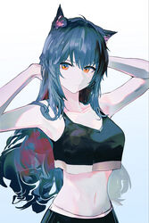  ahoge alternate_costume animal_ear_fluff animal_ear_piercing animal_ears arknights arm_up armpit_crease arms_behind_head bare_arms bare_shoulders black_pants black_shirt blue_eyes blue_hair breasts casual closed_mouth collarbone colored_inner_hair commentary_request crop_top cropped_shirt expressionless female gradient_background grey_background hair_between_eyes hair_flowing_over hair_intakes hand_in_own_hair hand_up highres korean_commentary long_hair looking_at_viewer medium_breasts midriff multicolored_eyes multicolored_hair navel orange_eyes pale_skin pants partial_commentary red_hair runamonet shirt sleeveless sleeveless_shirt solo standing stomach texas_(arknights) two-tone_background two-tone_eyes two-tone_hair upper_body very_long_hair white_background wolf_ears wolf_girl 