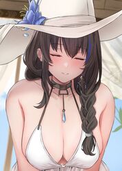  bikini black_hair blue_flower blue_hair blush braid breasts cleavage closed_eyes earrings female flower goddess_of_victory:_nikke hair_over_shoulder hand_on_headwear hat hat_flower highres jewelry large_breasts large_hat lips long_hair mary_(bay_goddess)_(nikke) mary_(nikke) multicolored_hair navel necklace official_alternate_costume parted_lips peli_cantaro smile solo streaked_hair sun_hat swimsuit swimsuit_cover-up white_bikini white_hat 