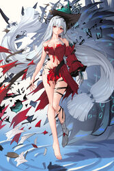  absurdly_long_hair aqua_headwear arknights bare_legs bare_shoulders boots bowlp breasts cleavage commentary_request detached_sleeves dress female full_body grey_hair highres long_hair long_sleeves looking_at_viewer medium_breasts navel red_dress red_eyes single_boot skadi_(arknights) skadi_the_corrupting_heart_(arknights) solo stomach thighs torn_clothes torn_dress very_long_hair white_footwear wide_sleeves 