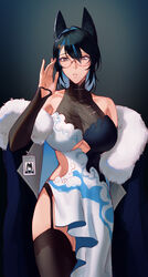  absurdres adjusting_eyewear animal_ears bare_shoulders black_garter_belt black_hair black_sleeves black_thighhighs blue_coat blue_dress blue_hair breasts clothing_cutout coat colored_inner_hair commentary cowboy_shot cutout_above_navel dangodes dark_background detached_sleeves dress english_commentary female fox_ears fur-trimmed_coat fur_trim garter_belt glasses grey_eyes hair_between_eyes highres id_card large_breasts looking_at_viewer medium_hair multicolored_hair off_shoulder original parted_lips side_cutout solo streaked_hair teeth thighhighs two-tone_dress white_dress 