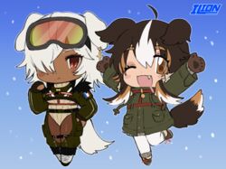  2girls :&lt; :3 animal_ears animal_hands arms_up blue_background blush_stickers boots borrowed_character brown_eyes brown_hair brown_pantyhose chest_harness chibi chibi_only closed_mouth clothing_cutout cropped_jacket dark-skinned_female dark_skin dog_ears dog_girl dog_tail drooling english_commentary fingerless_gloves french_flag full_body fur-trimmed_boots fur-trimmed_jacket fur_collar fur_trim gloves goggles goggles_on_head gradient_background green_jacket hair_over_one_eye hand_on_own_hip hand_up harness jacket lapithai leotard leotard_sweater logo long_sleeves looking_at_viewer mole mole_under_mouth mouth_drool multicolored_hair multiple_girls oerba_yun_fang one_eye_closed open_mouth original pantyhose paw_print_palms red-tinted_eyewear ribbed_leotard simple_background ski_goggles snowing standing standing_on_one_leg streaked_hair sweater tail thigh_cutout tinted_eyewear turtleneck turtleneck_leotard turtleneck_sweater white_footwear white_hair yellow-tinted_eyewear 