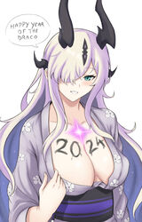  2024 aqua_eyes arknights black_sash blush body_writing breasts cleavage collarbone commentary eblana_(arknights) fangs_(fangs_art) female floral_print grey_kimono grin hair_over_one_eye highres horns japanese_clothes kimono large_breasts long_hair looking_at_viewer obi sash smile solo speech_bubble upper_body very_long_hair white_hair 