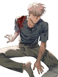  1boy akagi:_yami_ni_oritatta_tensai akagi_shigeru black_shirt blood blood_on_clothes brown_eyes closed_mouth cuts foot_out_of_frame fukumoto_mahjong grey_hair grey_pants grey_shirt grey_socks highres injury looking_at_viewer male_focus pants shiraumi8351 shirt short_hair short_sleeves simple_background sitting smile socks solo undershirt white_background white_hair 